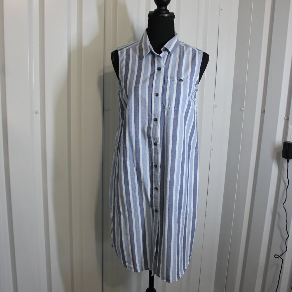 Toad & Co Womens Striped Organic Cotton Shirtdress Blue Pockets Size Small EUC